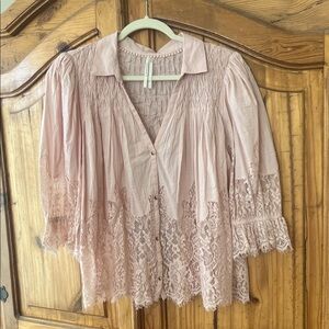 Anthropologie Dusty Pink Lace-Trim Smocked Button Blouse